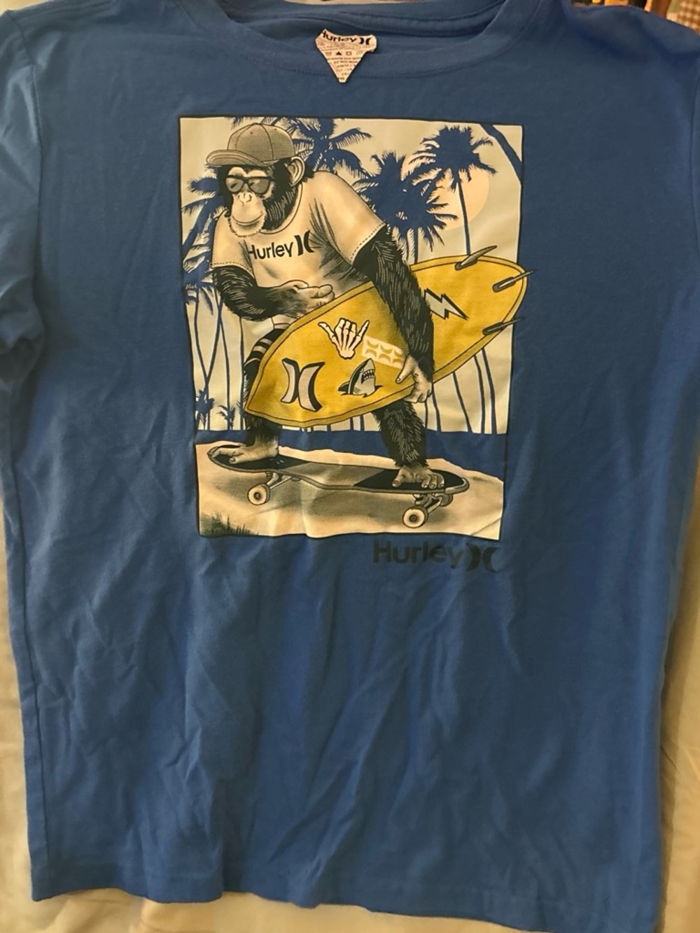 Hurley Blue Graphic Monkey Surf Skate Tee with Yellow Surfboard